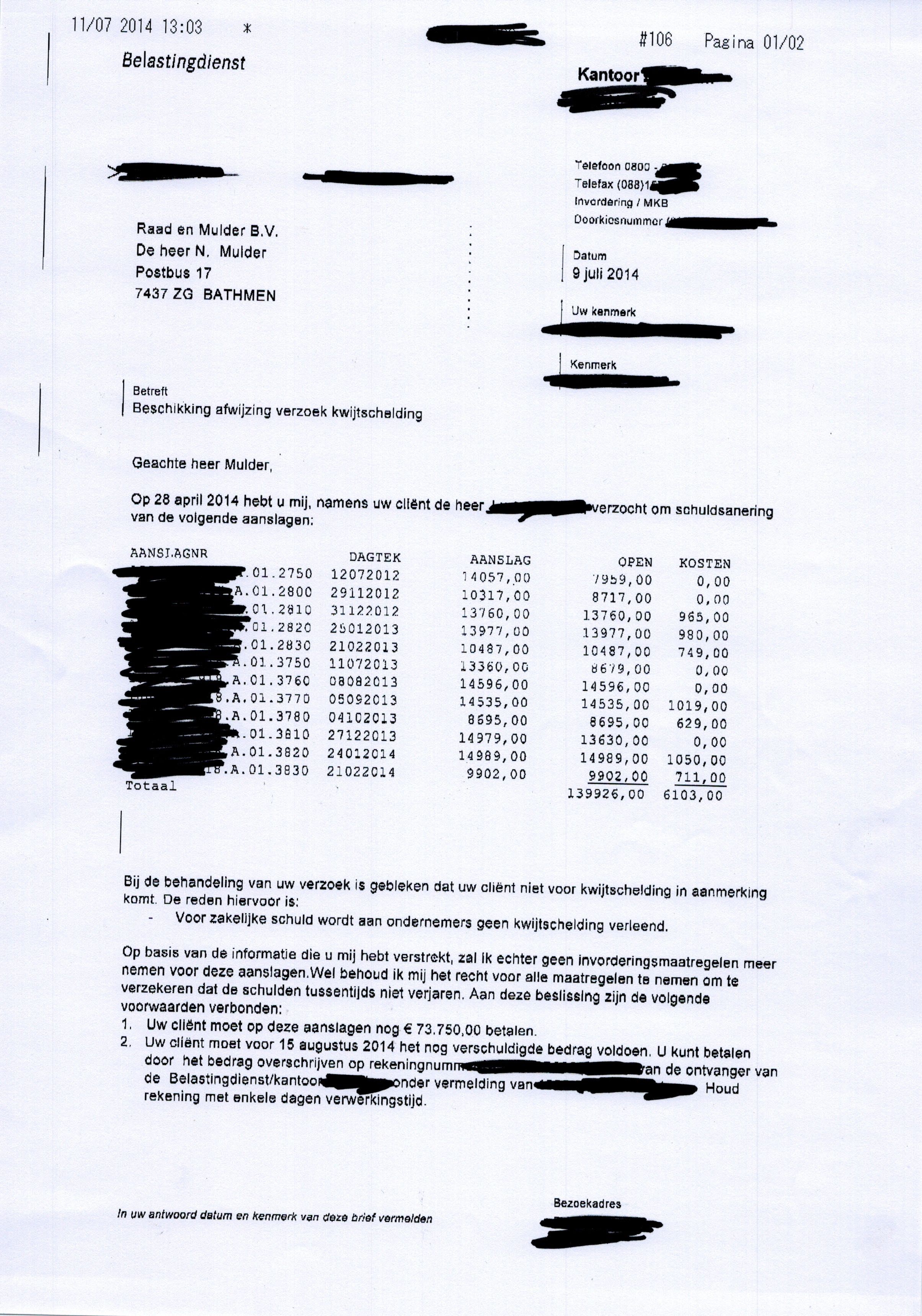 tekst brief fiscus afkoop